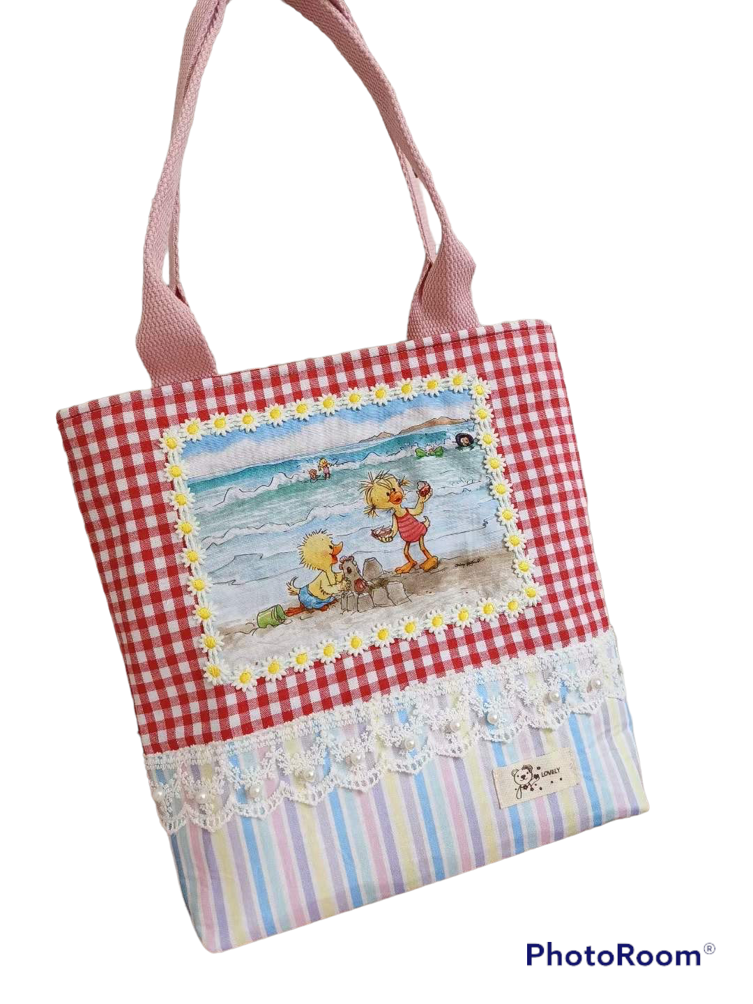 Duck friends print lace frilly handmade bag