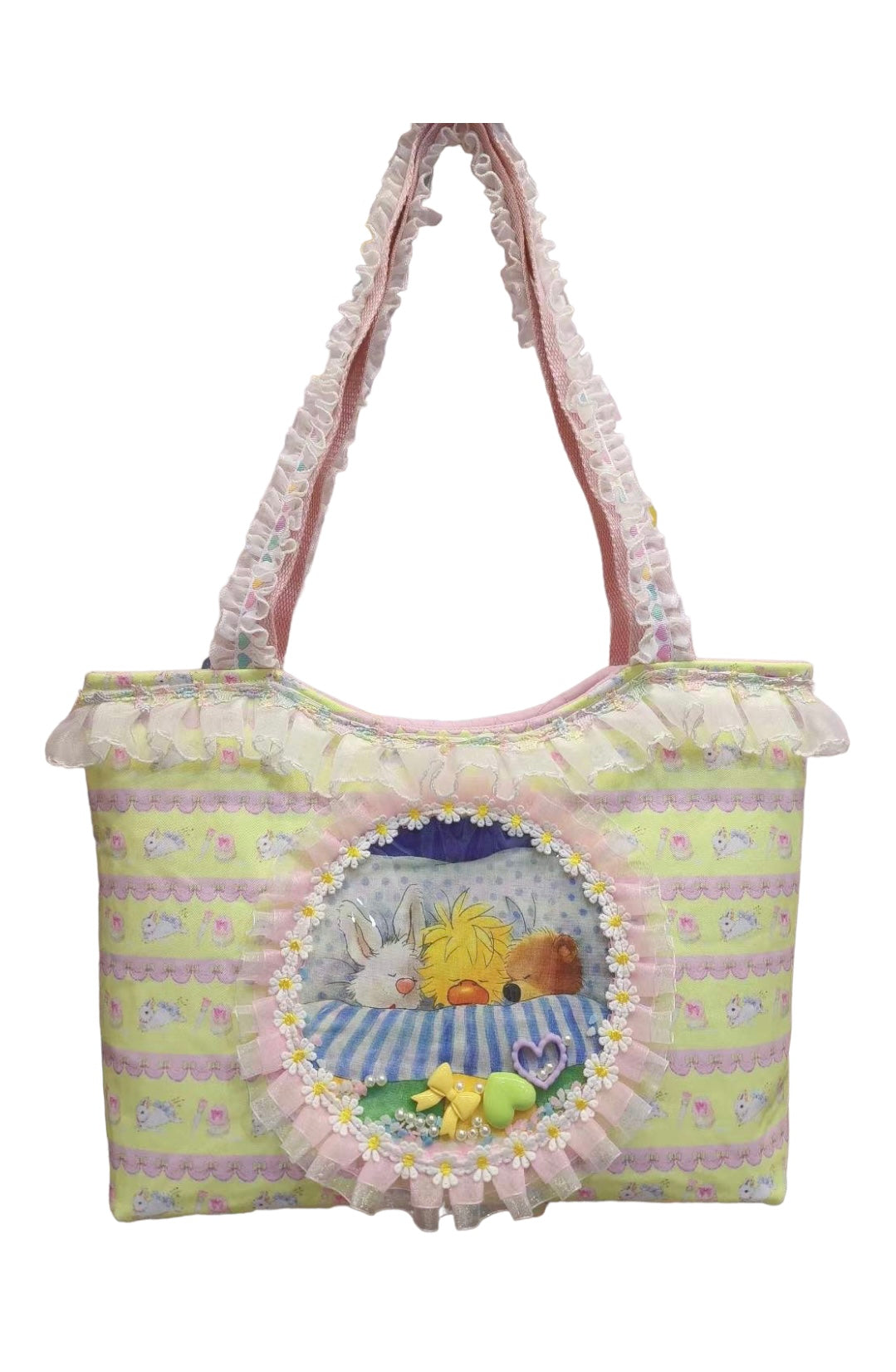 Love kawaii sleeping center print lace tote handmade bag