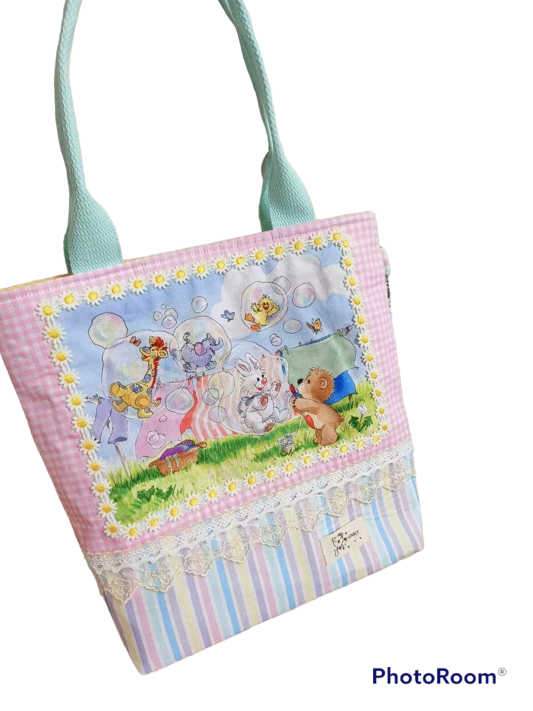 Animal friends playground print lace tote handmade bag